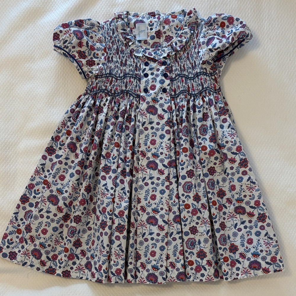 Little English White Dress with Red & Blue Floral Print